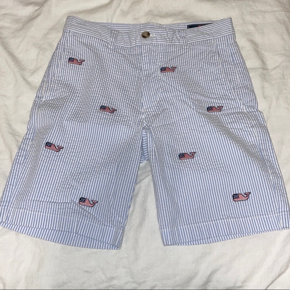 Men’s 9 Inch Flag Whale Embroidered Seersucker Breaker Shorts- Size 28